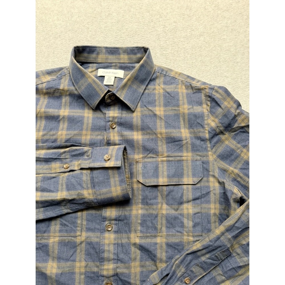 Calvin Klein Mens Blue Tan Plaid Flannel Button Down Shirt Medium D-4-1(4184)